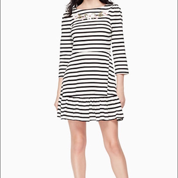kate spade Stripe Embroidered Fit & Flare Dress